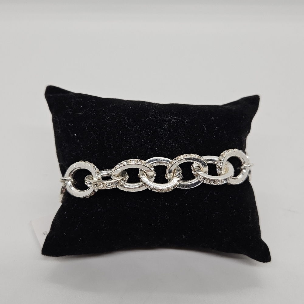 NWT Charter Club large link silver tone chain bracelet with rhinestones